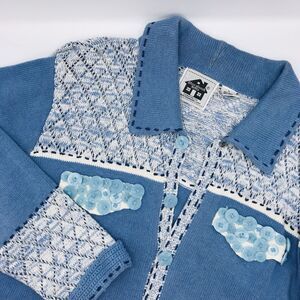 Vintage Storybook Knits Button Trends Sweater Coat Cozy Eclectic Blue Size L